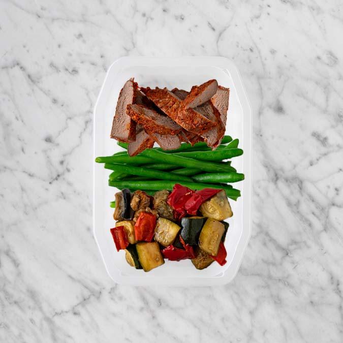 150g Smokey BBQ Steak 100g Green Beans 100g Char Veg