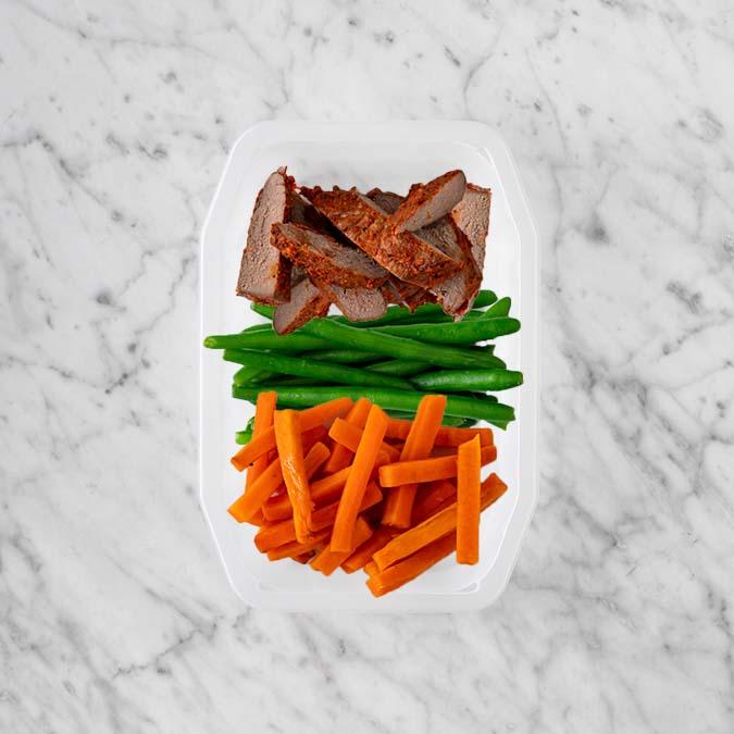150g Smokey BBQ Steak 100g Green Beans 100g Honey Baked Carrots