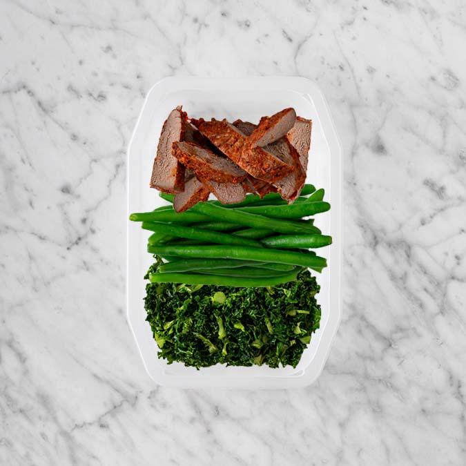 100g Smokey BBQ Steak 150g Green Beans 150g Kale