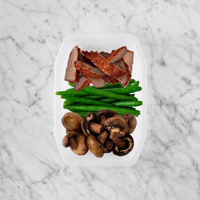 100g Smokey BBQ Steak 200g Green Beans 250g Mushrooms