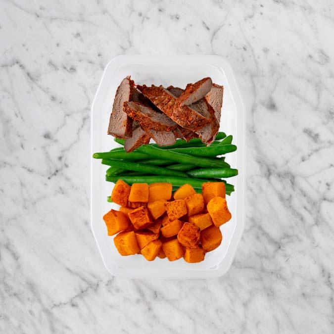 100g Smokey BBQ Steak 200g Green Beans 100g Rosemary Baked Sweet Potato