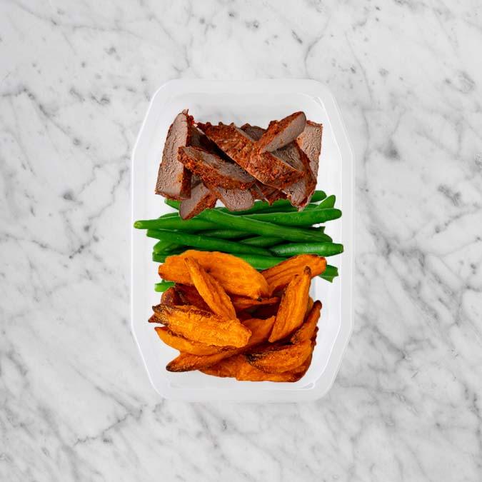 100g Smokey BBQ Steak 50g Green Beans 50g Sweet Potato Fries