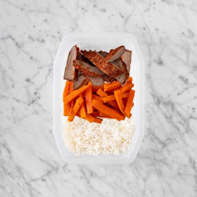 100g Smokey BBQ Steak 150g Honey Baked Carrots 150g Basmati Rice