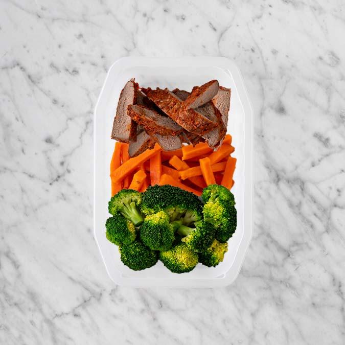 100g Smokey BBQ Steak 50g Honey Baked Carrots 50g Broccoli