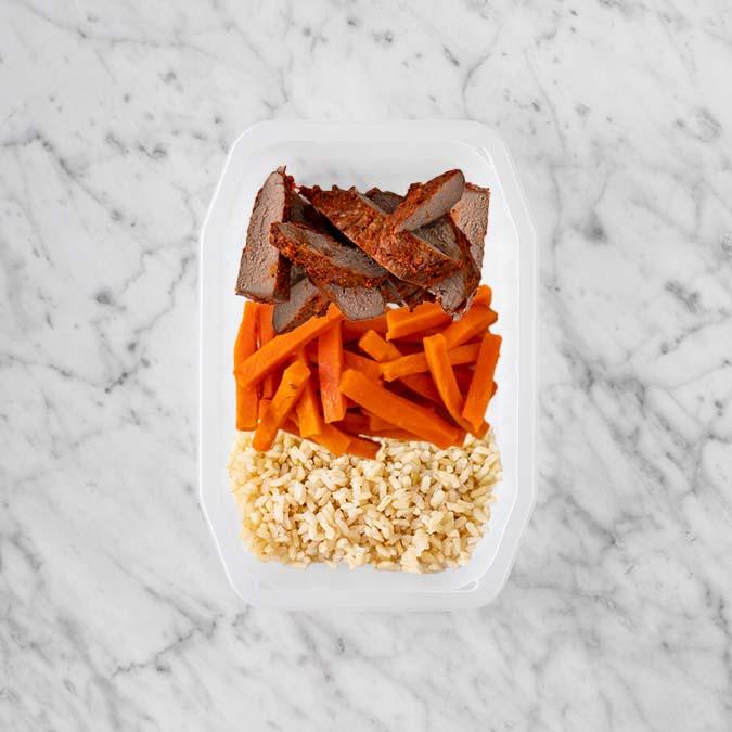 100g Smokey BBQ Steak 150g Honey Baked Carrots 50g Brown Rice