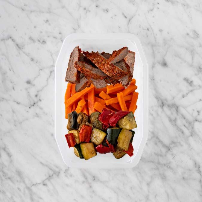 100g Smokey BBQ Steak 150g Honey Baked Carrots 250g Char Veg