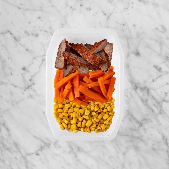 100g Smokey BBQ Steak 150g Honey Baked Carrots 250g Corn