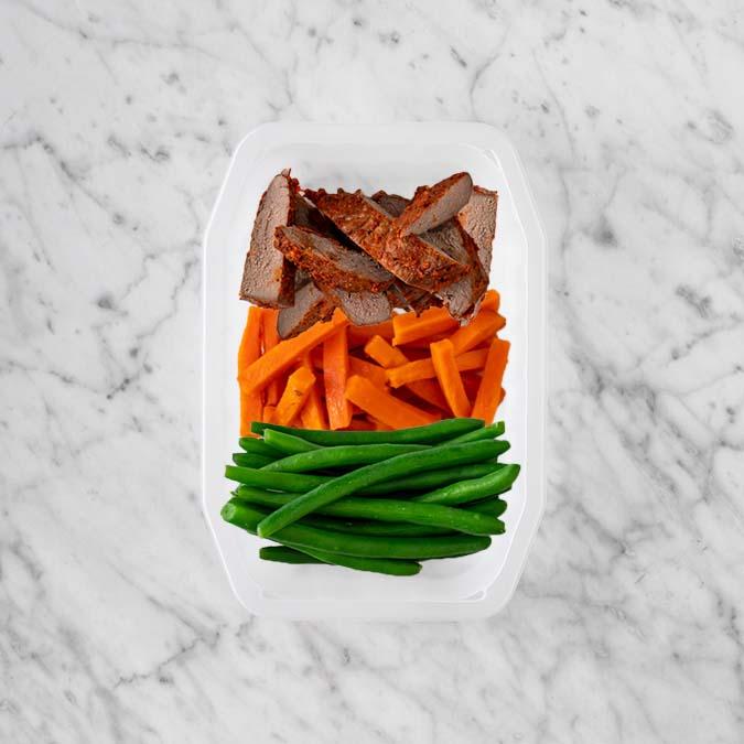 100g Smokey BBQ Steak 50g Honey Baked Carrots 50g Green Beans