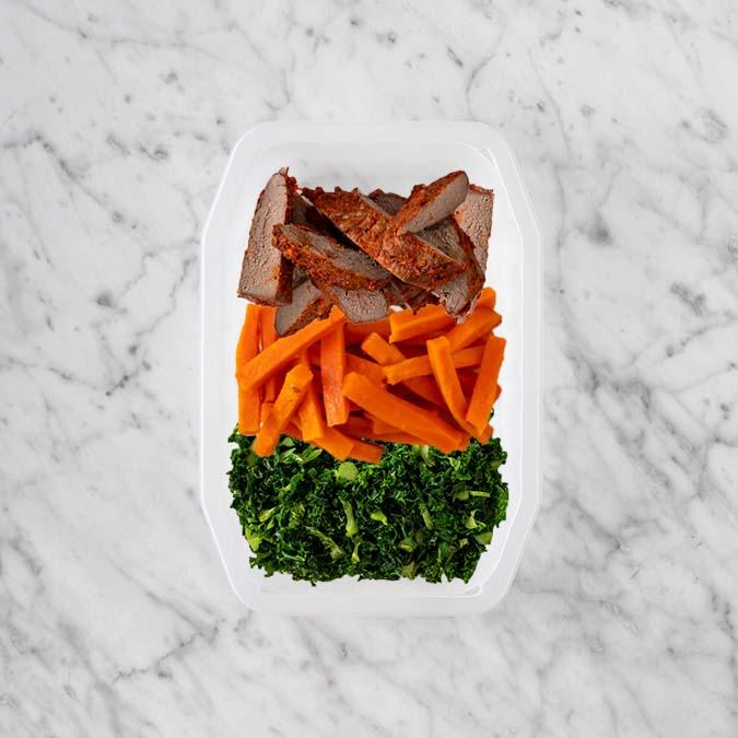 100g Smokey BBQ Steak 50g Honey Baked Carrots 200g Kale