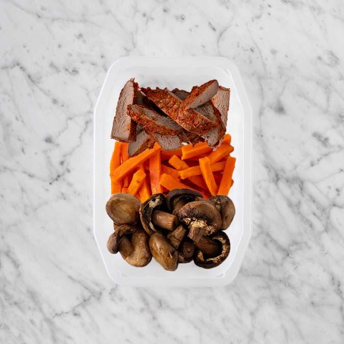 150g Smokey BBQ Steak 100g Honey Baked Carrots 100g Mushrooms