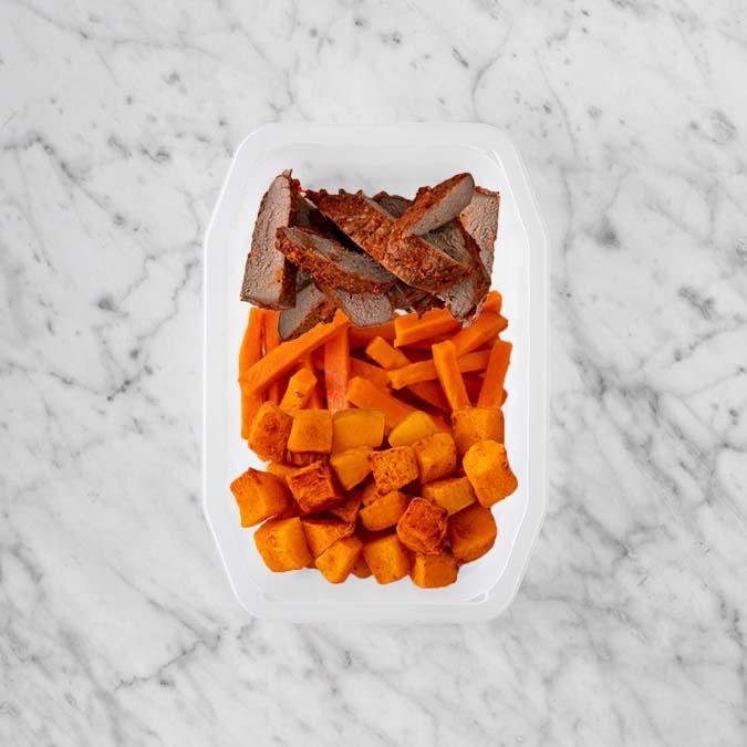 100g Smokey BBQ Steak 150g Honey Baked Carrots 50g Rosemary Baked Sweet Potato