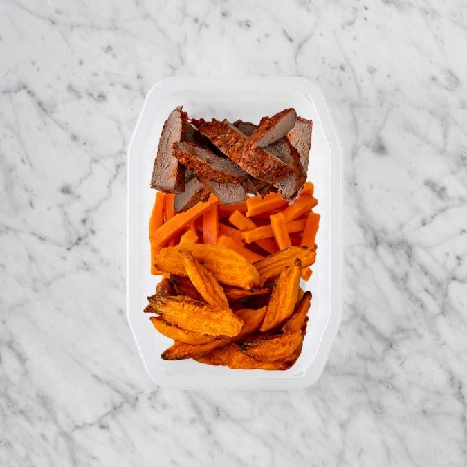 100g Smokey BBQ Steak 150g Honey Baked Carrots 150g Sweet Potato Fries