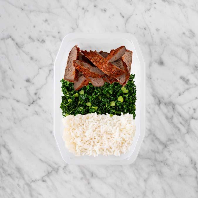 100g Smokey BBQ Steak 150g Kale 50g Basmati Rice
