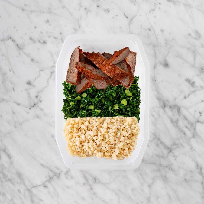 100g Smokey BBQ Steak 150g Kale 200g Brown Rice
