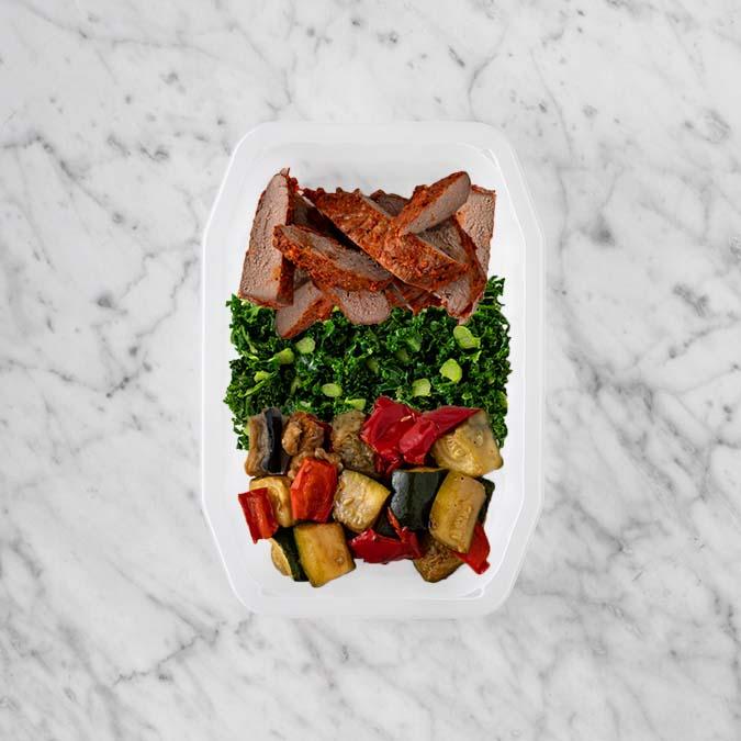 100g Smokey BBQ Steak 150g Kale 50g Char Veg