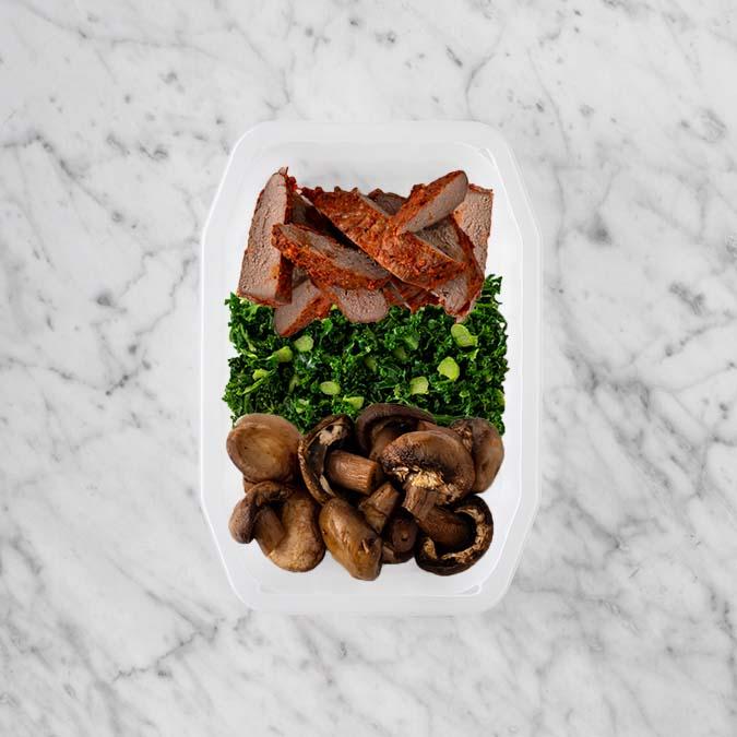100g Smokey BBQ Steak 250g Kale 200g Mushrooms