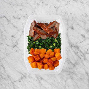 100g Smokey BBQ Steak 150g Kale 150g Rosemary Baked Sweet Potato
