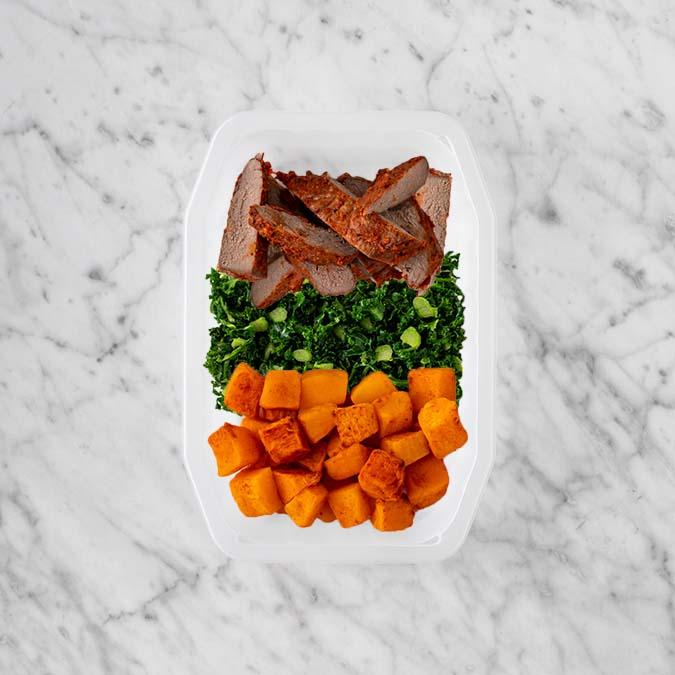 100g Smokey BBQ Steak 150g Kale 150g Rosemary Baked Sweet Potato