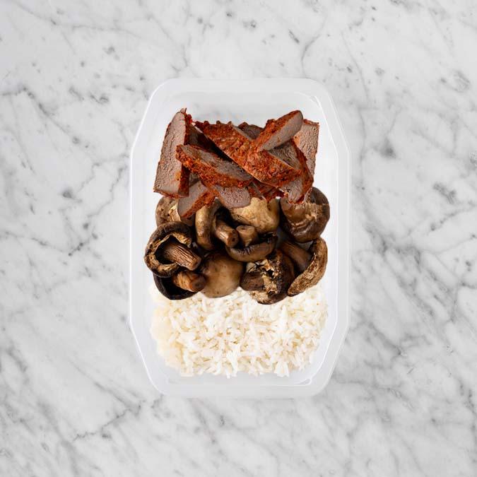 100g Smokey BBQ Steak 150g Mushrooms 150g Basmati Rice