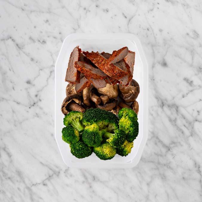100g Smokey BBQ Steak 150g Mushrooms 150g Broccoli