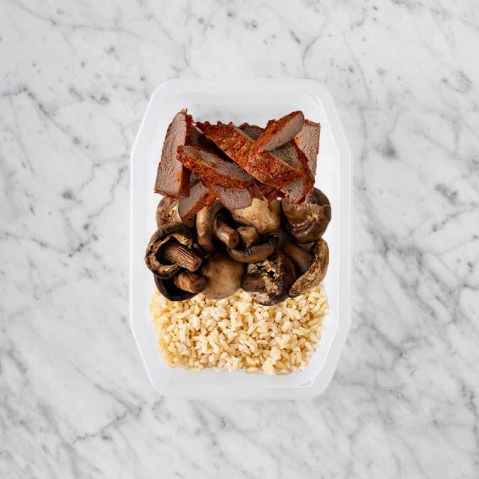100g Smokey BBQ Steak 150g Mushrooms 250g Brown Rice