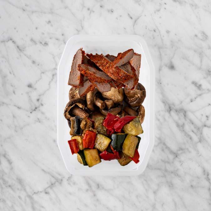 150g Smokey BBQ Steak 50g Mushrooms 50g Char Veg