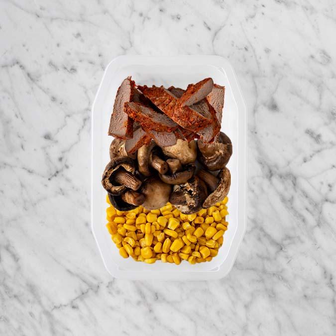 150g Smokey BBQ Steak 100g Mushrooms 100g Corn