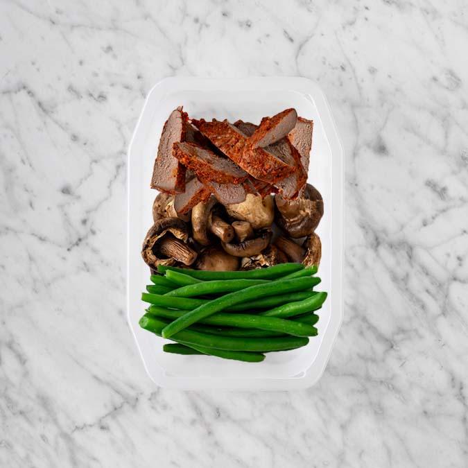 150g Smokey BBQ Steak 100g Mushrooms 100g Green Beans