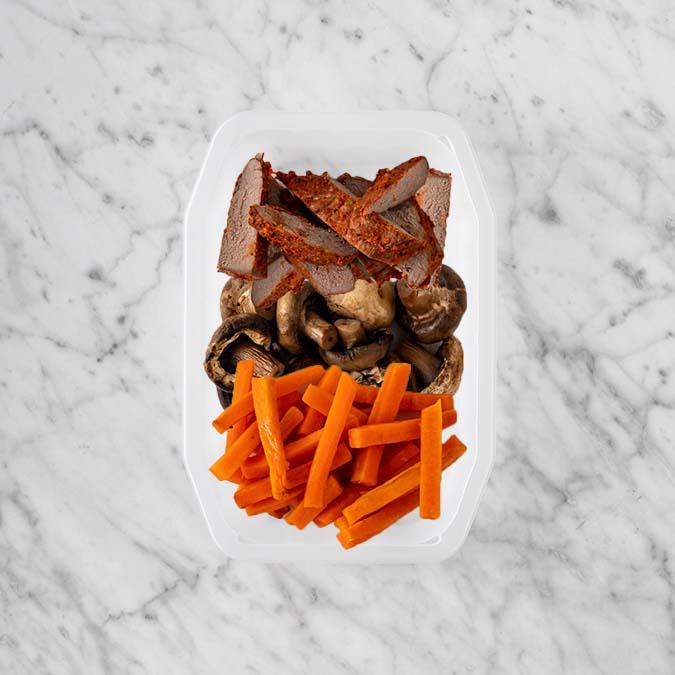 150g Smokey BBQ Steak 100g Mushrooms 100g Honey Baked Carrots
