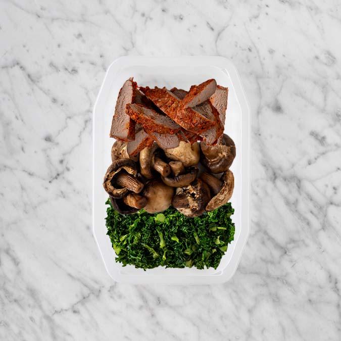 150g Smokey BBQ Steak 100g Mushrooms 100g Kale