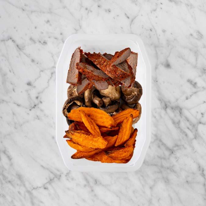 100g Smokey BBQ Steak 150g Mushrooms 50g Sweet Potato Fries
