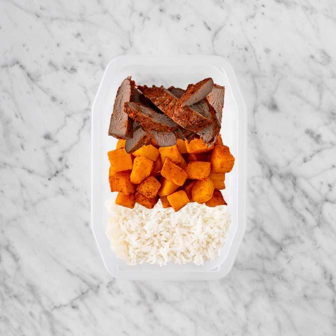 100g Smokey BBQ Steak 200g Rosemary Baked Sweet Potato 100g Basmati Rice
