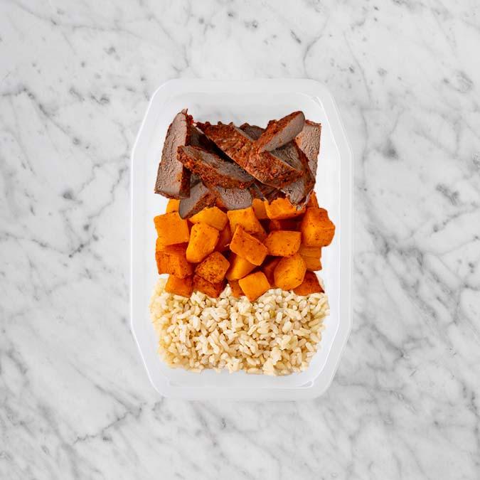 150g Smokey BBQ Steak 100g Rosemary Baked Sweet Potato 100g Brown Rice