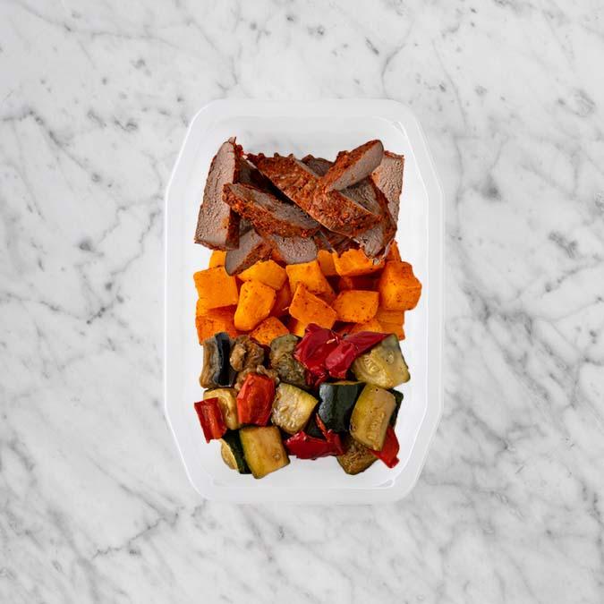 150g Smokey BBQ Steak 100g Rosemary Baked Sweet Potato 100g Char Veg