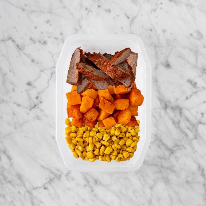 100g Smokey BBQ Steak 200g Rosemary Baked Sweet Potato 50g Corn