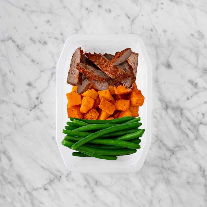 100g Smokey BBQ Steak 200g Rosemary Baked Sweet Potato 200g Green Beans