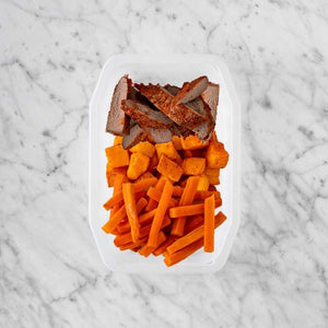 100g Smokey BBQ Steak 200g Rosemary Baked Sweet Potato 50g Honey Baked Carrots