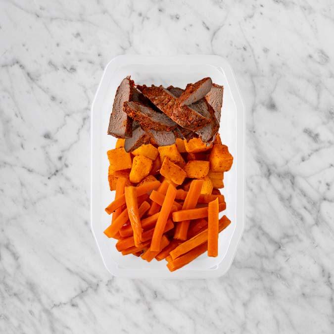 150g Smokey BBQ Steak 250g Rosemary Baked Sweet Potato 150g Honey Baked Carrots