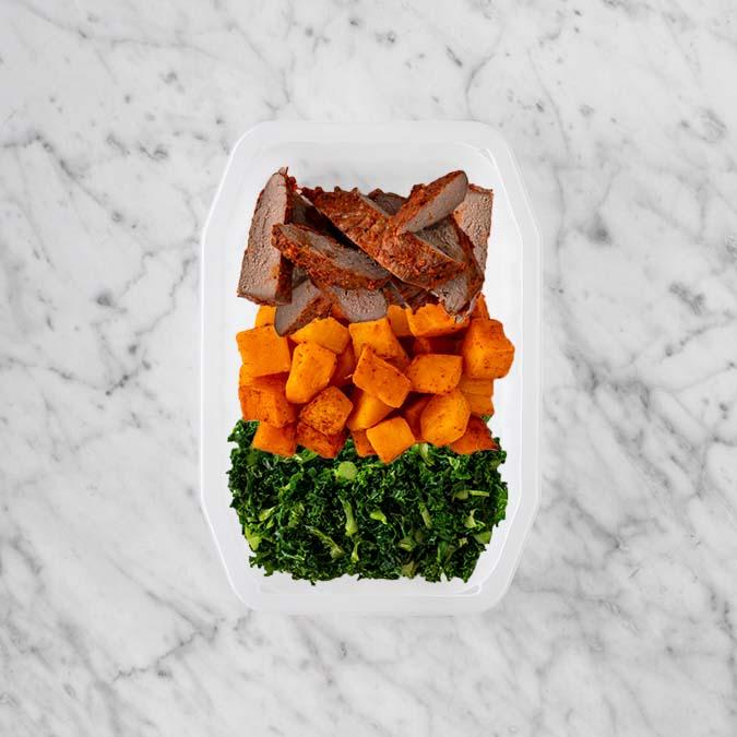 100g Smokey BBQ Steak 100g Rosemary Baked Sweet Potato 100g Kale