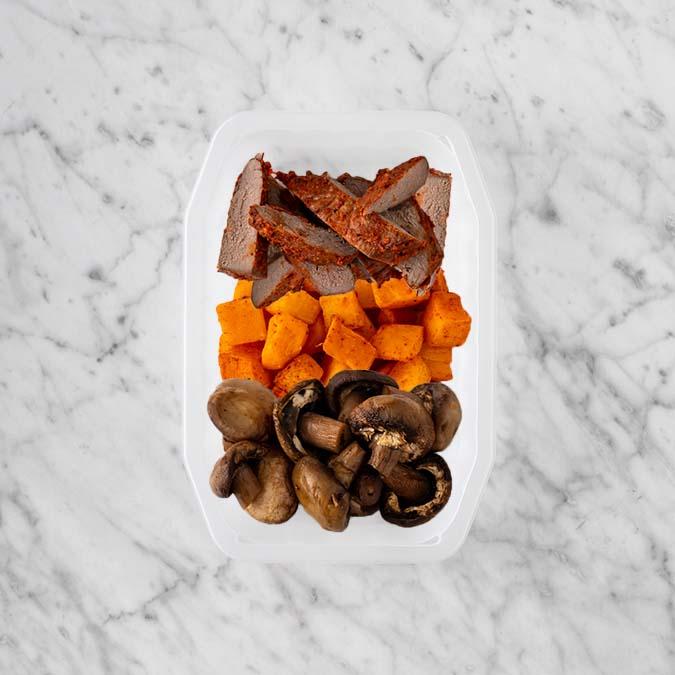 100g Smokey BBQ Steak 200g Rosemary Baked Sweet Potato 150g Mushrooms