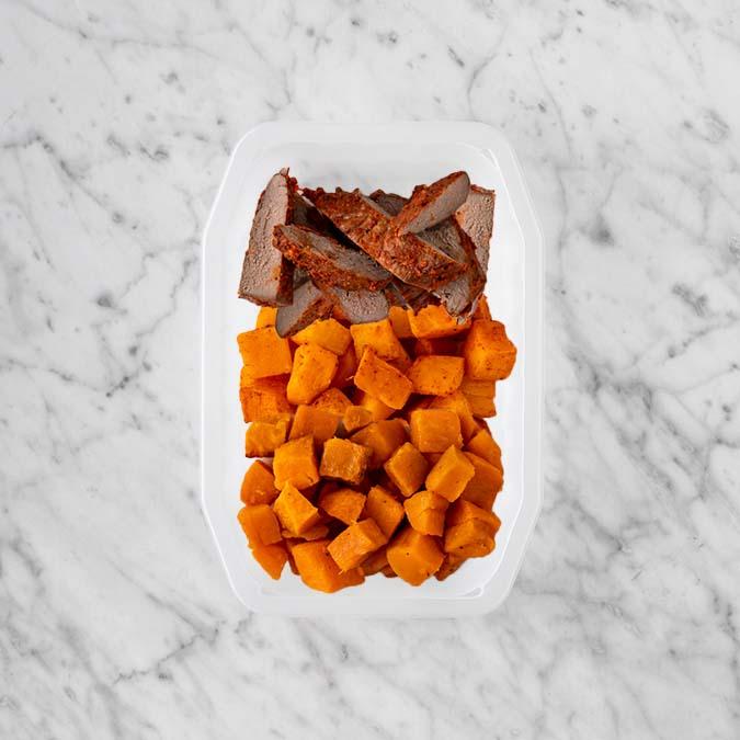 150g Smokey BBQ Steak 100g Rosemary Baked Sweet Potato 100g Smokey Pumpkin
