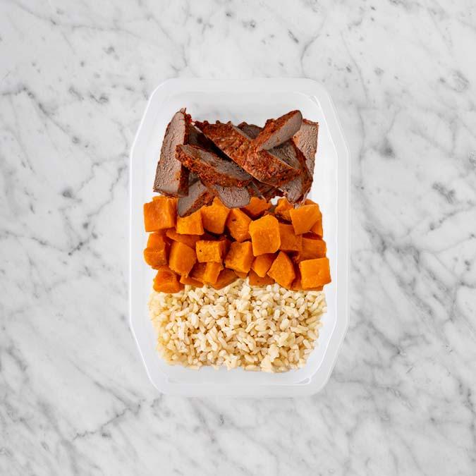 150g Smokey BBQ Steak 100g Smokey Pumpkin 100g Brown Rice