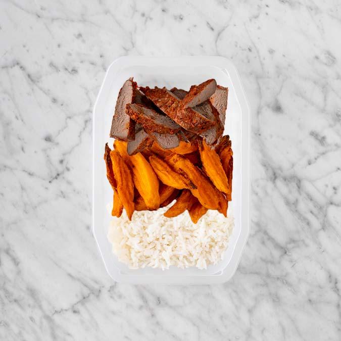 100g Smokey BBQ Steak 200g Sweet Potato Fries 150g Basmati Rice
