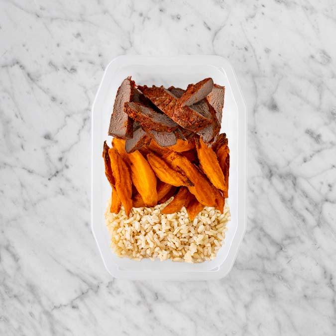 150g Smokey BBQ Steak 100g Sweet Potato Fries 100g Brown Rice