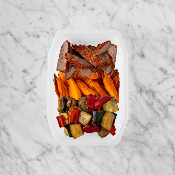 150g Smokey BBQ Steak 100g Sweet Potato Fries 100g Char Veg