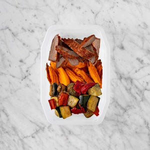 100g Smokey BBQ Steak 250g Sweet Potato Fries 250g Char Veg