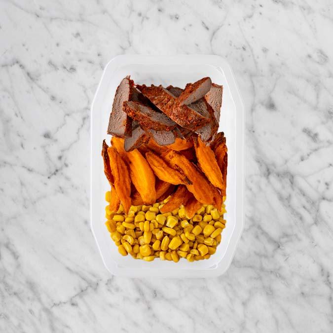 150g Smokey BBQ Steak 100g Sweet Potato Fries 100g Corn