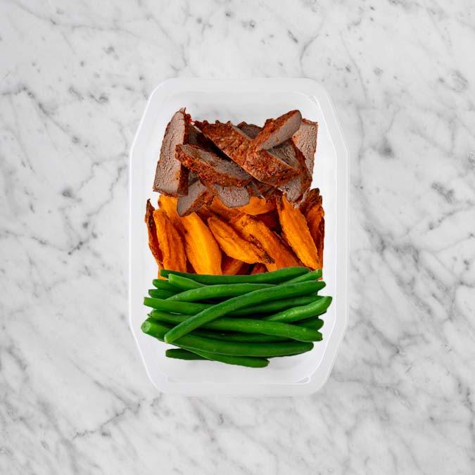 100g Smokey BBQ Steak 50g Sweet Potato Fries 100g Green Beans