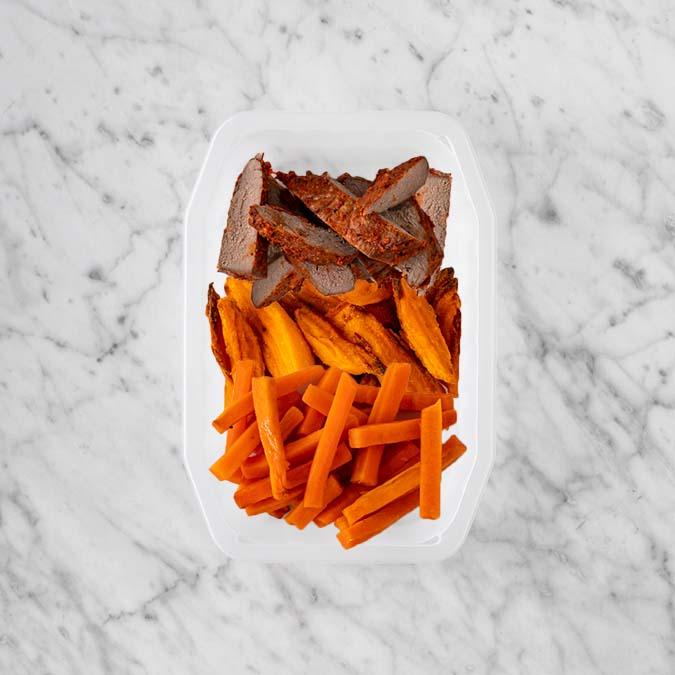 100g Smokey BBQ Steak 200g Sweet Potato Fries 50g Honey Baked Carrots