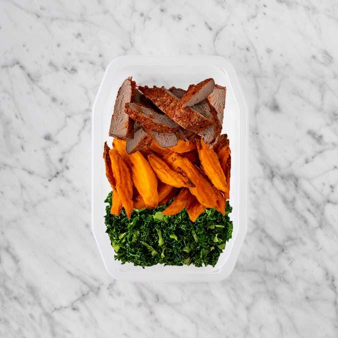 100g Smokey BBQ Steak 200g Sweet Potato Fries 150g Kale